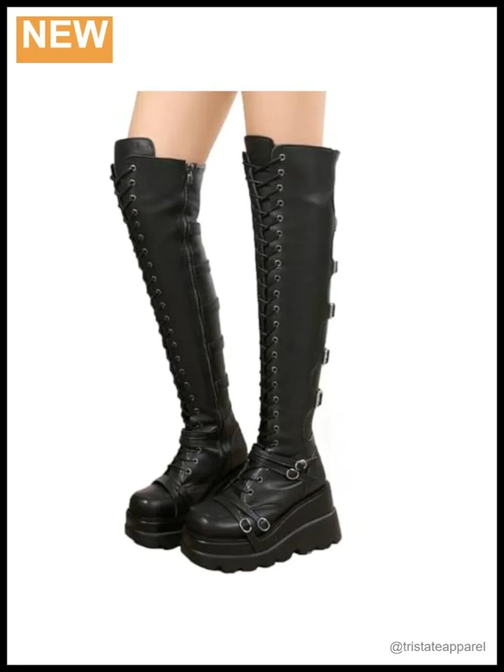Goth Punk Thigh High Boots Women Over Knee Motorcycle Lace Up Chunky Heel